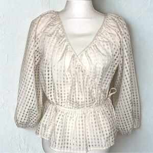 Levis Womens Boho Wrap Top Blouse 3/4 balloon Sleeve Tie Waist size Small Sheer